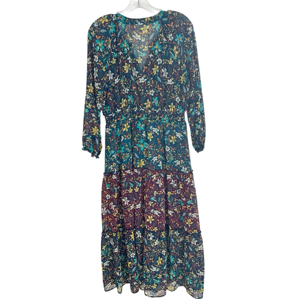 fig and flower Teal and Burgundy Floral Tiered Long Sleeve Midi Dress - Picture 2 of 6